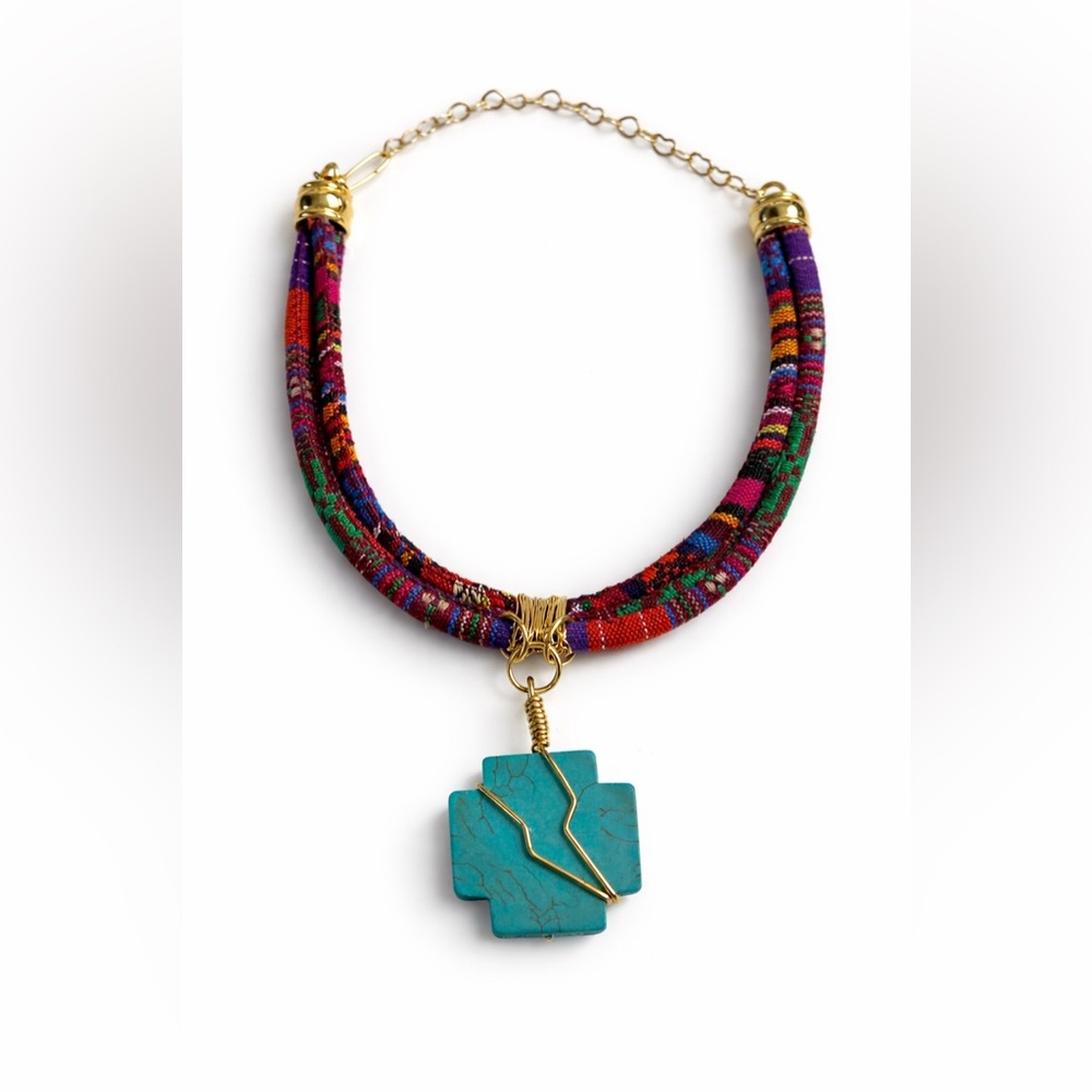 Boho Turquoise Cross Necklace | Colorful Fabric Cord Statement Necklace - Picture 2 of 9